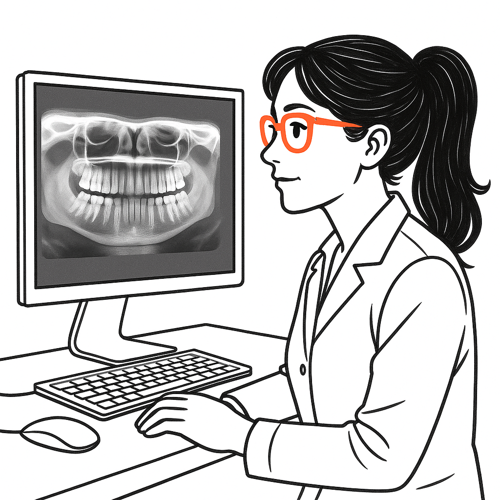 Dentista analisando um exame em um monitor de computador.